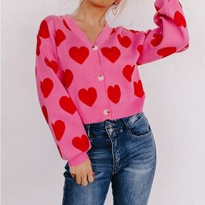❤️ New Pink Cardigan with Red Heart Design crop size large Valentine’s